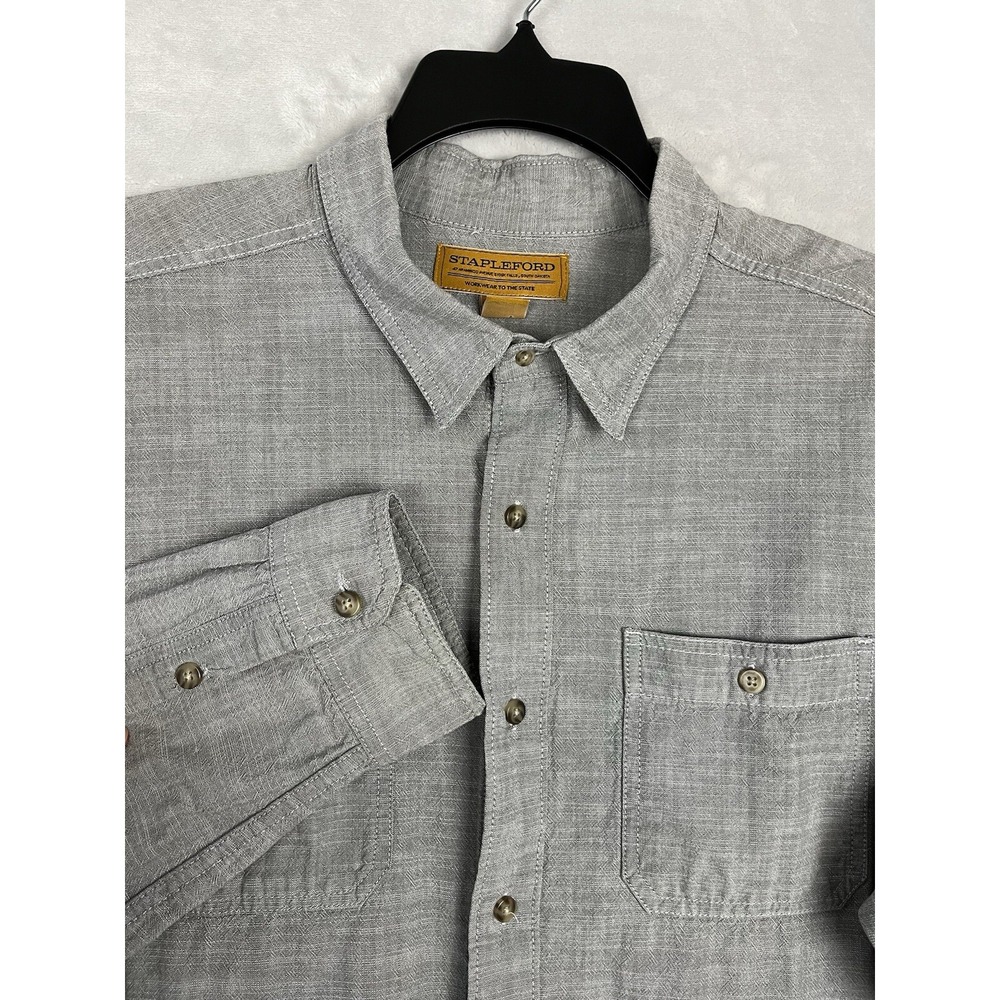 STAPLEFORD Shirt Men XL Gray Button UP Roll Up Sleeve Pockets Cotton Work Casual
